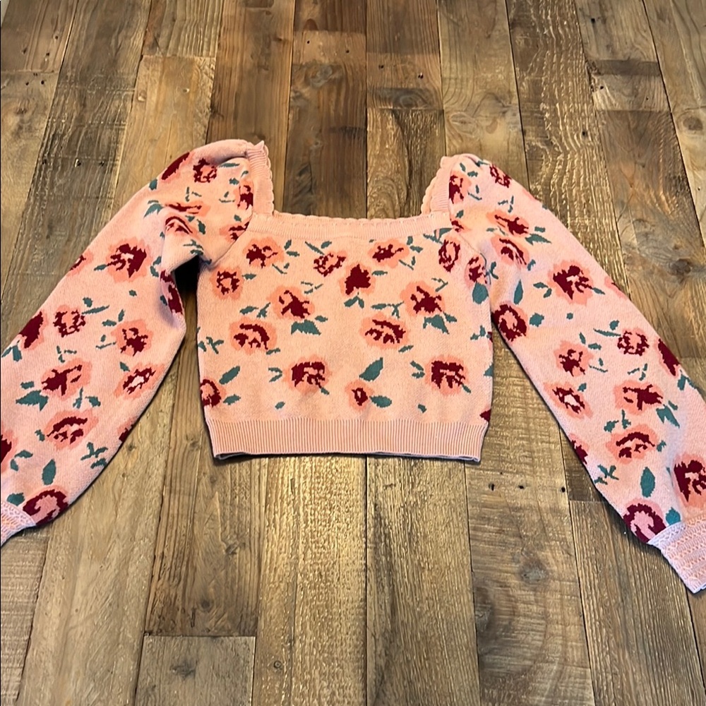 Floral Pink Cropped Long Sleeve Sweater